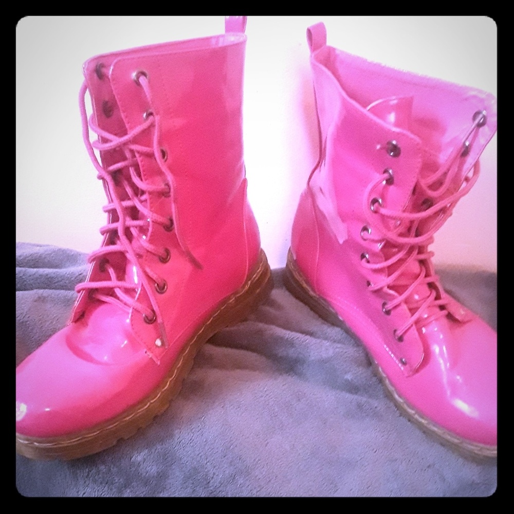 Neon Pink Vynal Combat boots